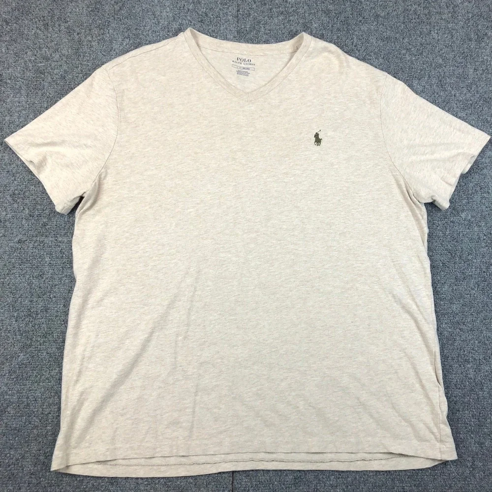 Polo Ralph Lauren Mens Size Large V-Neck T-Shirt Oatmeal Heather Beige Pony Logo